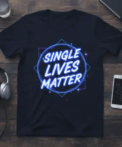 Black t-shirt with "SINGLE LIVES MATTER" in glowing blue neon text within a geometric frame