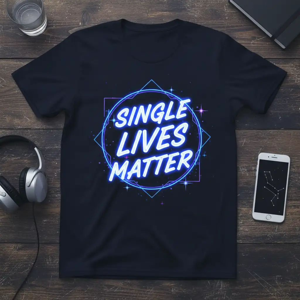 Single Lives Matter neon quote on a black t-shirt, celebrating independence and self-reliance