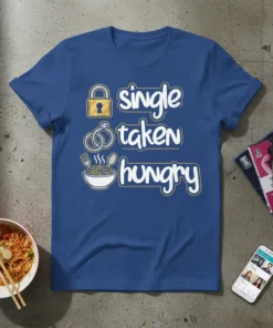 Blue t-shirt with white text reading "single taken hungry" next to icons of a lock, rings, and a bowl of