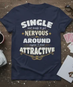 Navy blue t-shirt with distressed white and gold text reading "SINGLE and ready to get NERVOUS AROUND anyone ? find