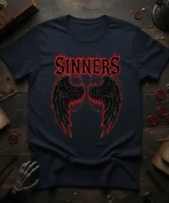 Sinners t-shirt with black angel wings and red fiery typography design