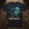 Sir Cumcise t-shirt design with a knight in armor holding glowing swords and a castle silhouette in the background