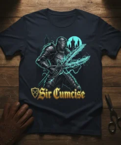 Sir Cumcise t-shirt design with a knight in armor holding glowing swords and a castle silhouette in the background
