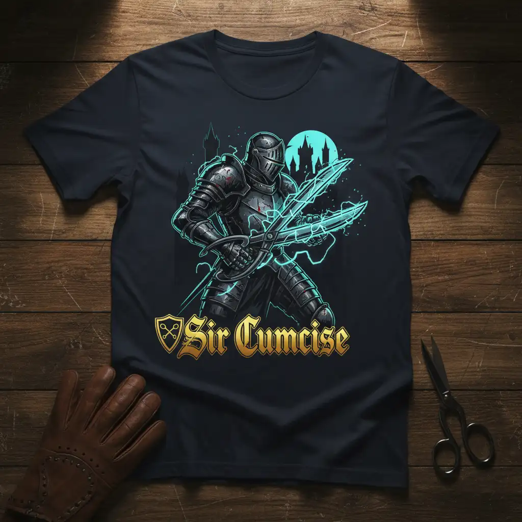 Sir Cumcise knight design with glowing swords and medieval castle silhouette on a dark graphic tee