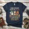 Sister horse quote t-shirt design with three smiling horses on a fence, text reads "I smile because you're my sister