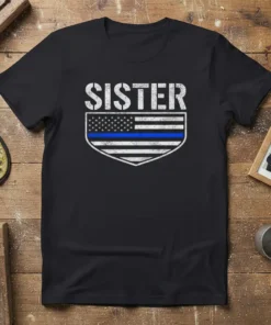 Sister Police Support T-Shirt with Thin Blue Line American flag shield graphic