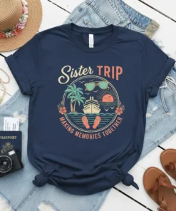 Sister TRIP MAKING MEMORIES TOGETHER text with a cruise ship, palm trees, and sunset graphic on a navy blue t-shirt