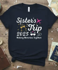 Sisters Trip 2025 Making Memories Together text with champagne glasses and airplane graphic on a navy t-shirt