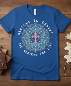 Blue t-shirt with "SISTERS IN CHRIST ARE SISTERS FOR LIFE" text in a circular mandala design featuring a cross