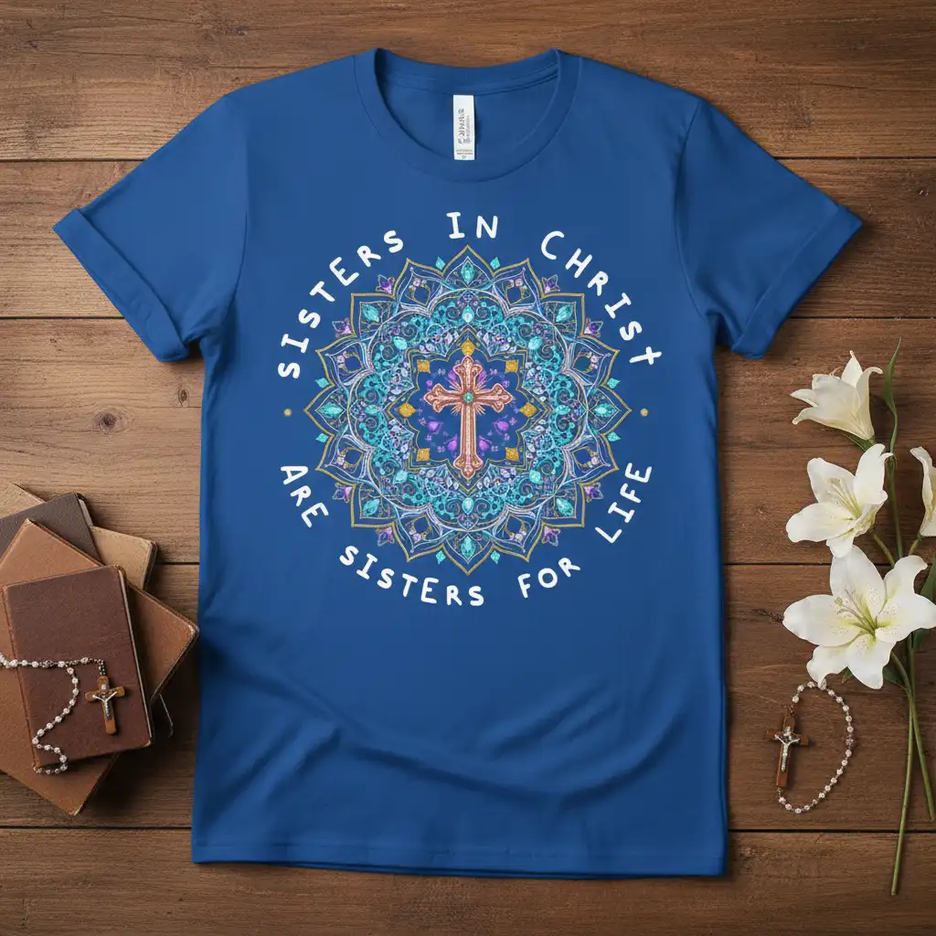 Sisters In Christ Are Sisters For Life quote with cross mandala graphic on blue t-shirt