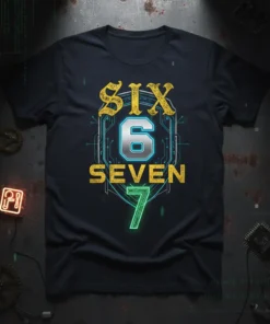 SIX 6 SEVEN 7 graphic t-shirt design featuring neon and metallic numbers in a hexagonal frame with circuit board elements