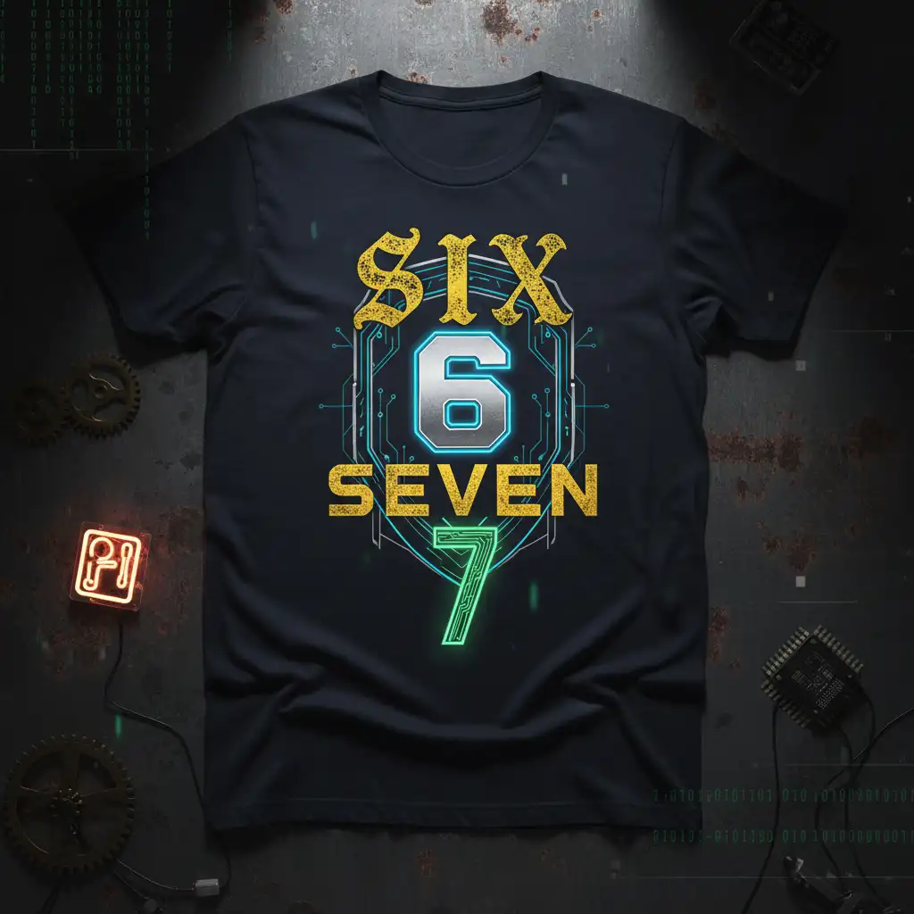 SIX 6 SEVEN 7 math t-shirt with futuristic digital circuit board design and glowing numbers