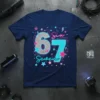 Six 67 Seven birthday t-shirt with glittery numbers and neon circuit board design, featuring stars and lightning bolts in pink