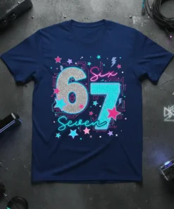 Six 67 Seven birthday t-shirt with glittery numbers and neon circuit board design, featuring stars and lightning bolts in pink