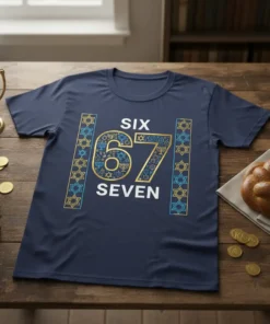 Navy blue t-shirt with "SIX 67 SEVEN" design featuring Hanukkah symbols like menorahs and Star of David