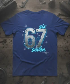 Six 67 Seven retro tech t-shirt design with large metallic numbers and neon blue accents