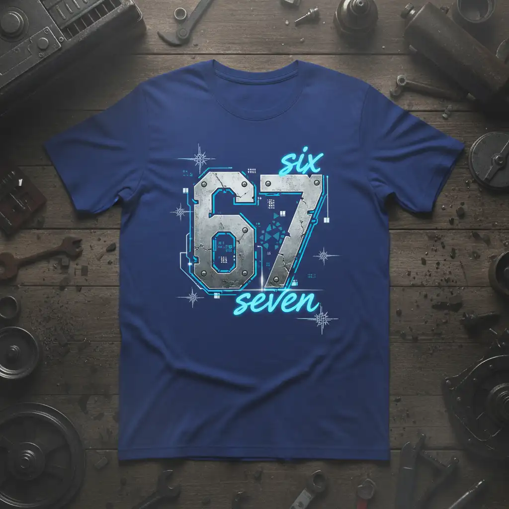 Six 67 Seven retro tech design with bold metallic numbering and neon blue text accents