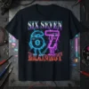 SIX SEVEN BRAINROT text with animated neon blue '6' and pink '7' characters on a black t-shirt