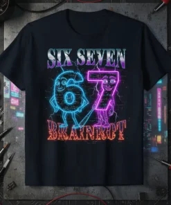 SIX SEVEN BRAINROT text with animated neon blue '6' and pink '7' characters on a black t-shirt