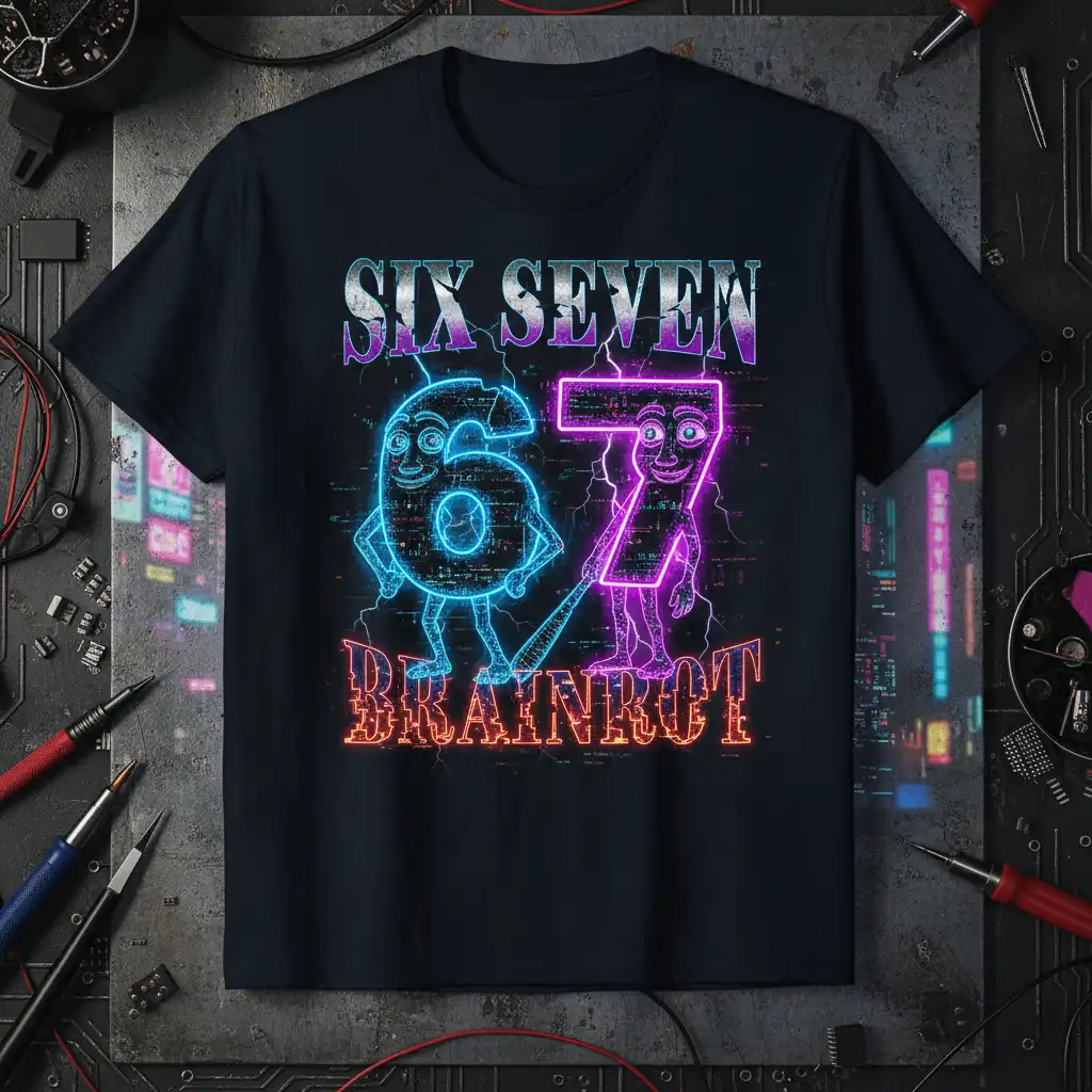 SIX SEVEN BRAINROT text with animated neon blue '6' and pink '7' characters on a black tee