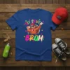 Six Seven Bruh 67 graphic t-shirt with a dabbing turkey wearing sunglasses and a red cap. Colorful text and autumn