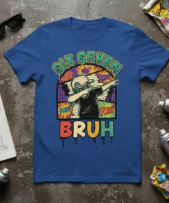 Six Seven Bruh graphic t-shirt design featuring a dabbing kid character with "Pow!" sound effects, perfect for a 7th birthday