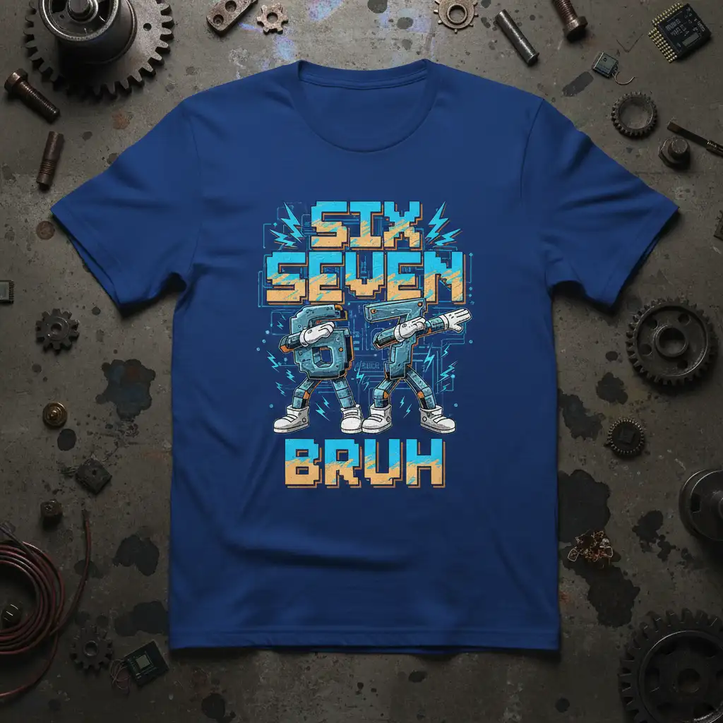 Retro gaming SIX SEVEN BRUH design with dancing robot numbers 6 and 7 on a blue t-shirt