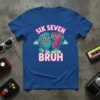 Six Seven Bruh t-shirt design with cartoon numbers 6 and 7 wearing sunglasses
