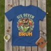 Six Seven Bruh t-shirt design with a capybara wearing sunglasses in a green drink, surrounded by leaves and fruit, with