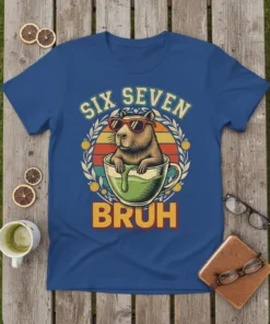 Six Seven Bruh t-shirt design with a capybara wearing sunglasses in a green drink, surrounded by leaves and fruit, with