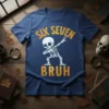 SIX SEVEN BRUH t-shirt design with a dabbing skeleton and gold text for a 6 or 7 year old's birthday