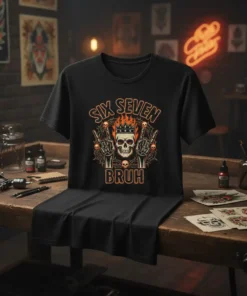 Black t-shirt with "Six Seven Bruh" text, a crowned skull, and rock hand gestures, featuring fiery accents and skulls