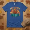 Six Seven Bruh Thanksgiving turkey t-shirt design with a cool cartoon turkey wearing sunglasses and an orange cap