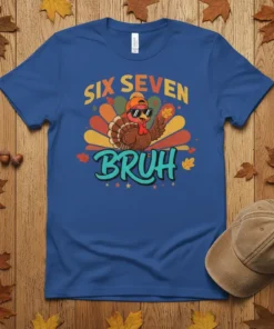Six Seven Bruh Thanksgiving turkey t-shirt design with a cool cartoon turkey wearing sunglasses and an orange cap