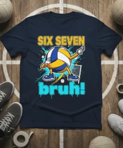 SIX SEVEN bruh! volleyball design with a dabbing volleyball character and net graphic