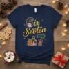 Six Seven Christmas birthday t-shirt design with Santa, gingerbread men, and presents. Features festive holiday graphics