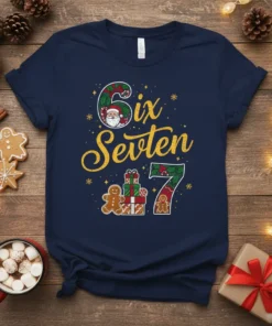 Six Seven Christmas birthday t-shirt design with Santa, gingerbread men, and presents. Features festive holiday graphics