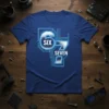 SIX SEVEN numbers with a glowing blue circuit board design on a royal blue t-shirt