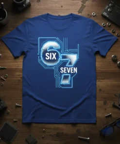 SIX SEVEN numbers with a glowing blue circuit board design on a royal blue t-shirt