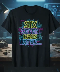 Black t-shirt with neon-style text "SIX SEVEN DAYS LATER..." in a Spongebob-inspired font, surrounded by circuit board graphics