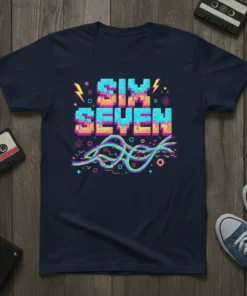 Navy t-shirt with colorful pixelated "SIX SEVEN" text in 80s retro style, featuring lightning bolts and wavy lines