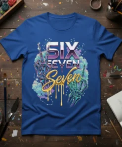 SIX SEVEN Seven birthday t-shirt with skeleton hands and celestial design, perfect for a six or seven-year-old's party