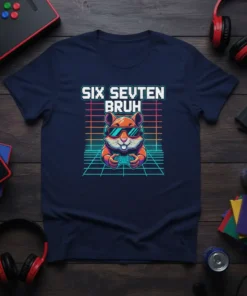 Six Sevten Bruh t-shirt with a retro gamer hamster wearing sunglasses and headphones, holding a controller
