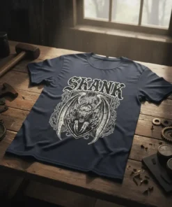 SKANK text above a detailed gothic dragon graphic with large wings on a navy blue t-shirt