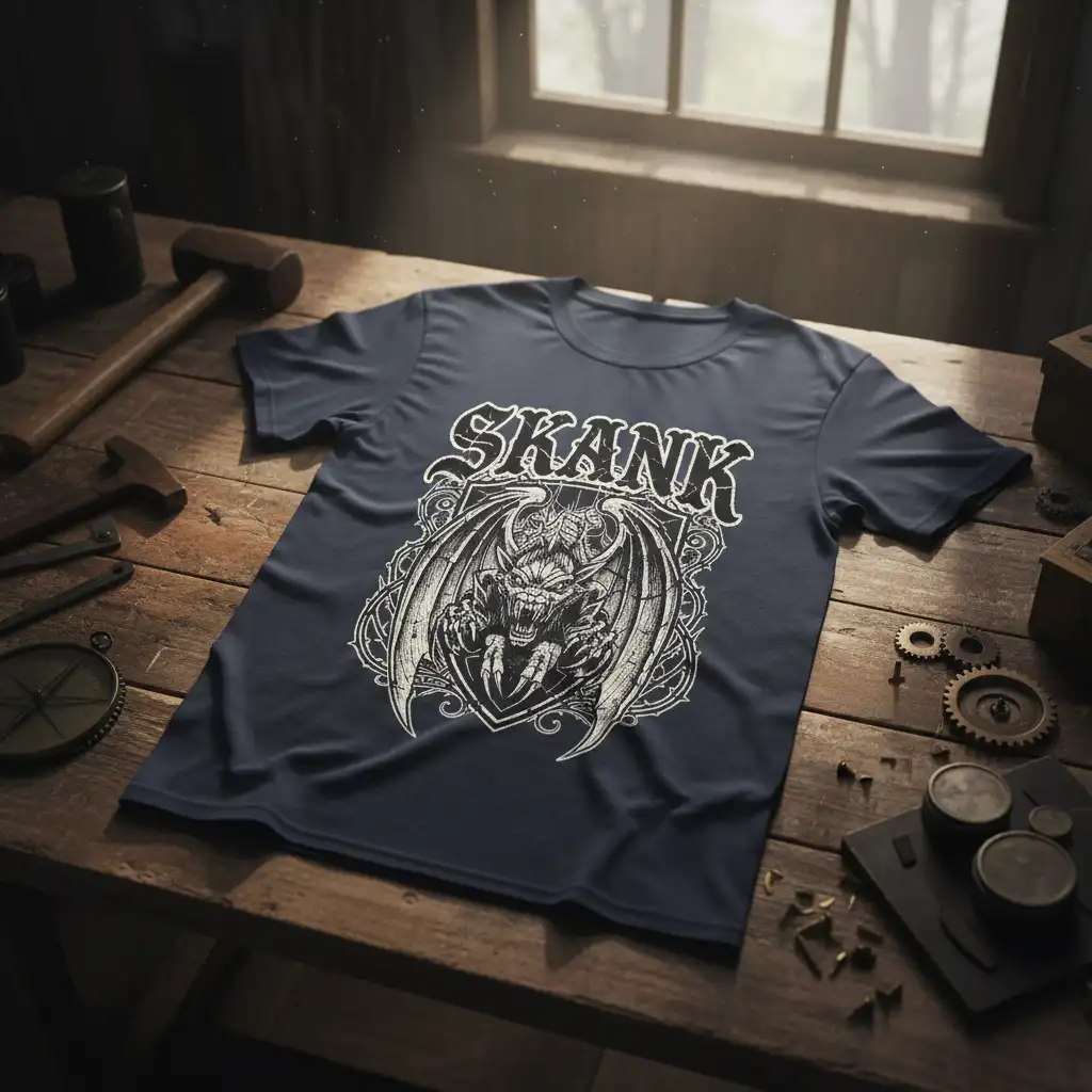 SKANK gothic dragon t-shirt design with bold lettering and winged creature