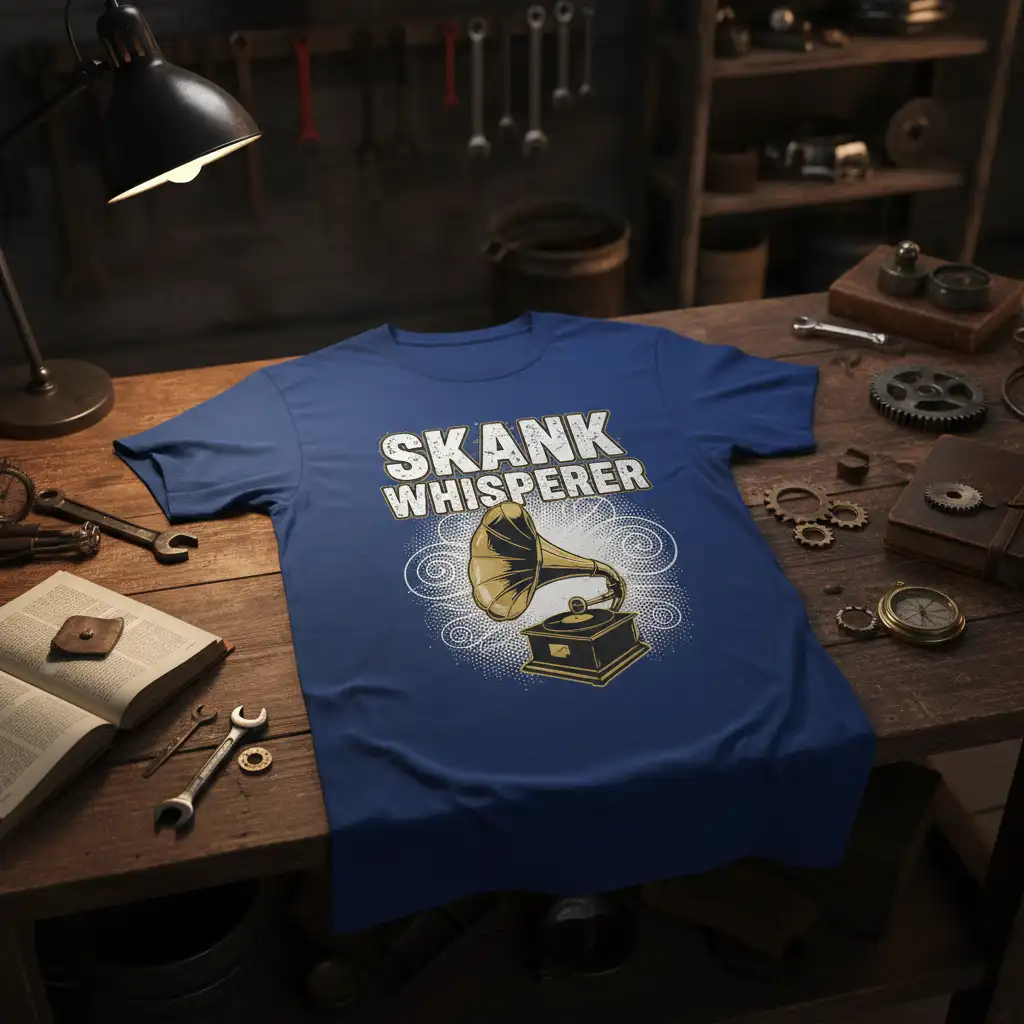 Skank Whisperer quote and vintage gramophone graphic on a blue t-shirt, celebrating retro audio