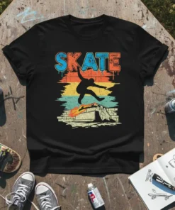 Black t-shirt featuring the word SKATE in a retro, graffiti-style font above a silhouette of a skateboarder mid-air over a