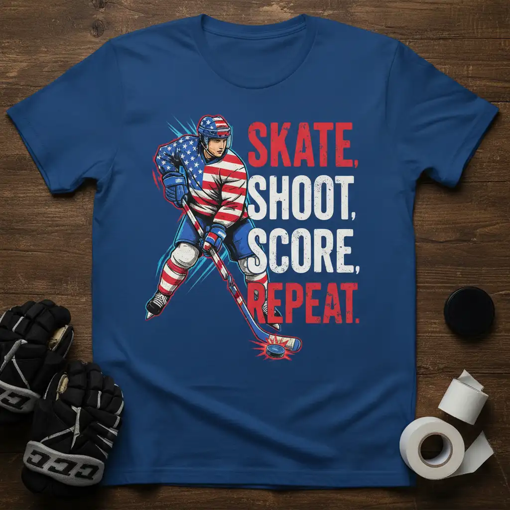 SKATE, SHOOT, SCORE, REPEAT. stylish graphic printed on durable material creating a standout t-shirt