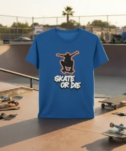 Blue t-shirt with black silhouette of a skateboarder mid-air and "SKATE OR DIE" text in white graffiti style