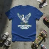 Skateboarding Goose text with a goose on a skateboard graphic on a blue t-shirt